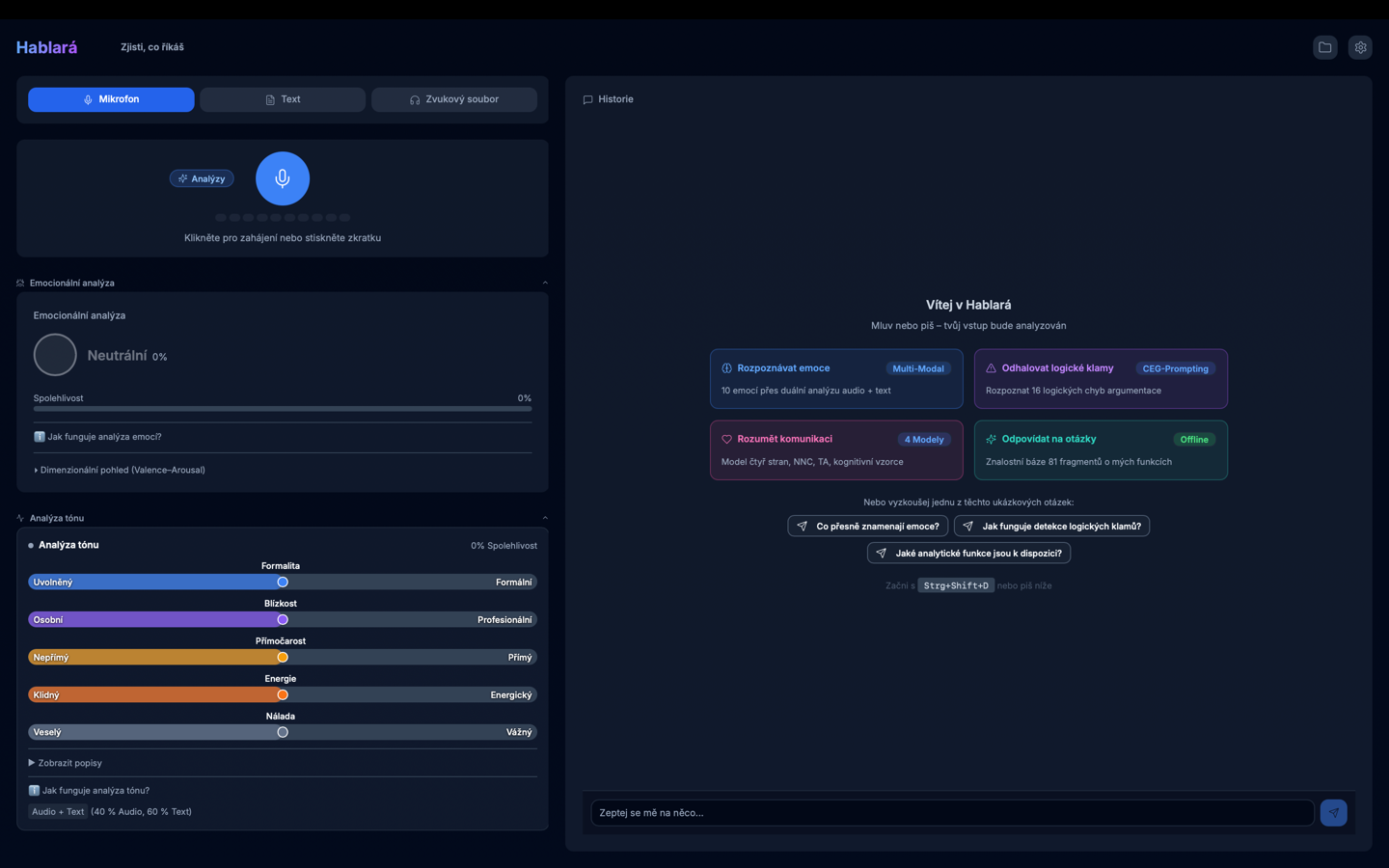 Snímek obrazovky aplikace Hablará – Analýza emocí a IA analýza komunikace
