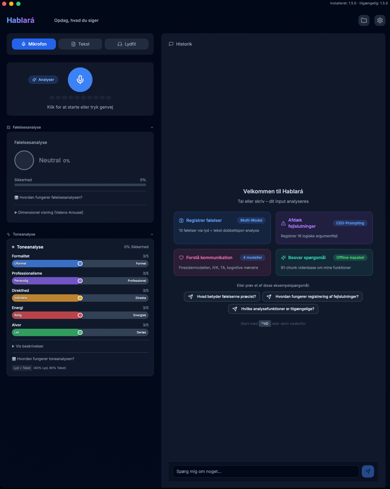 Skærmbillede af Hablará-appen – Følelsesanalyse og IA-kommunikationsanalyse