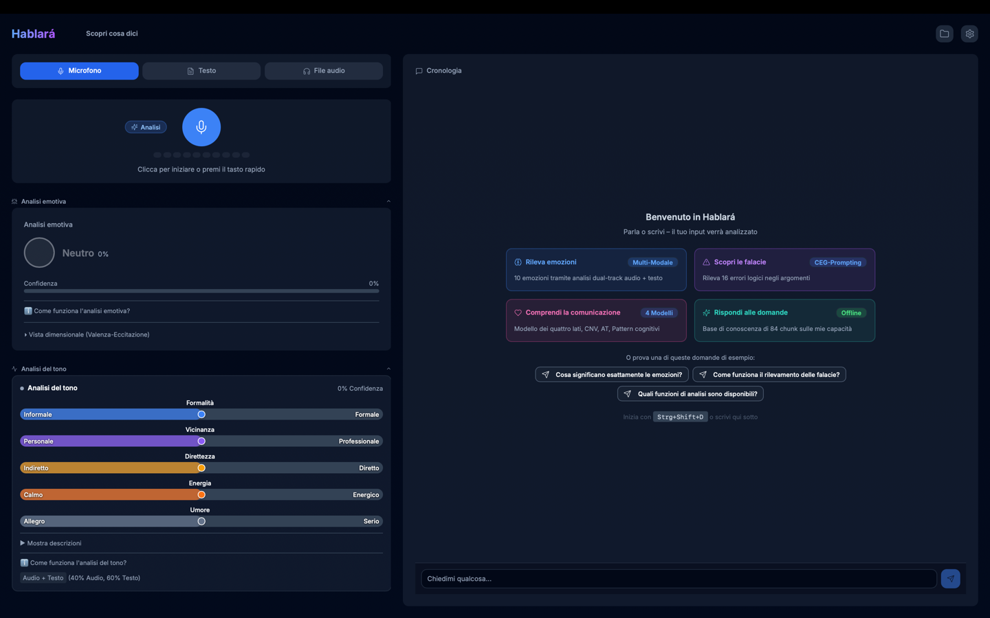 Screenshot dell'app Hablará - Analisi delle Emozioni e Analisi della Comunicazione con IA