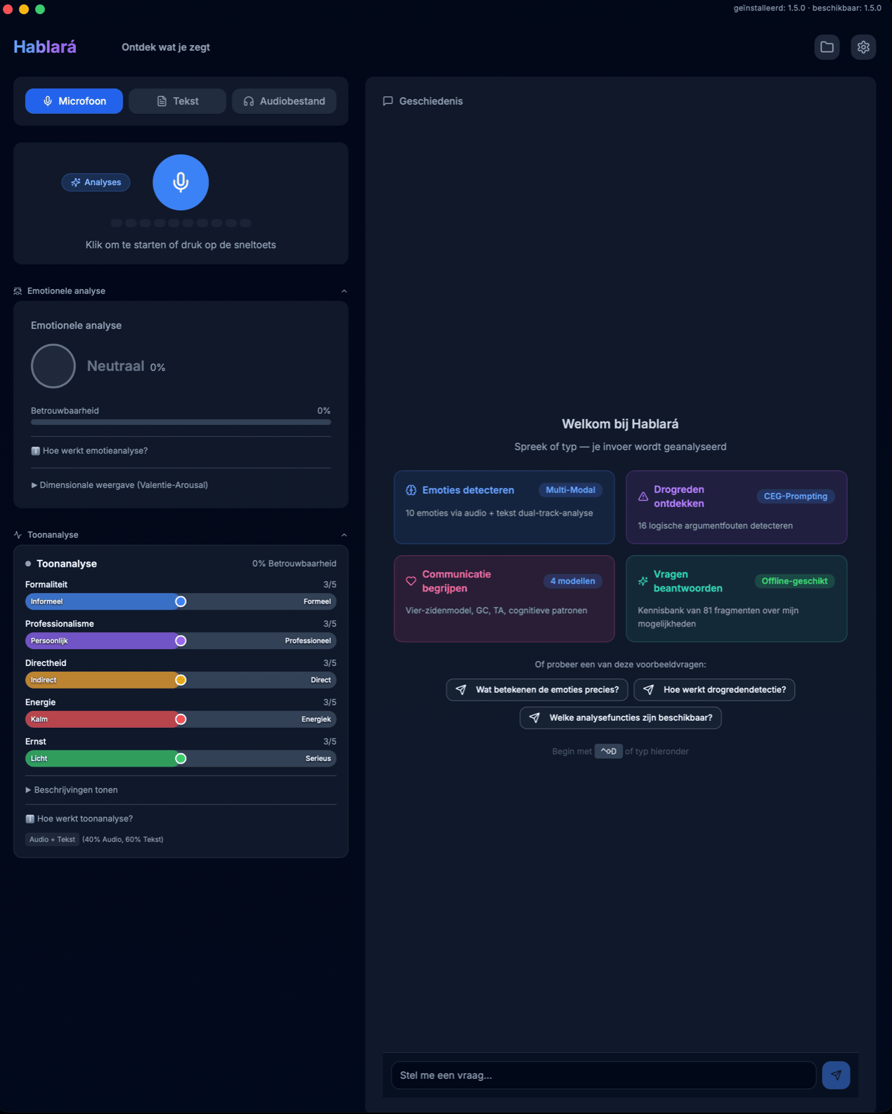 Screenshot van de Hablará-app – Emotieanalyse en IA-communicatieanalyse