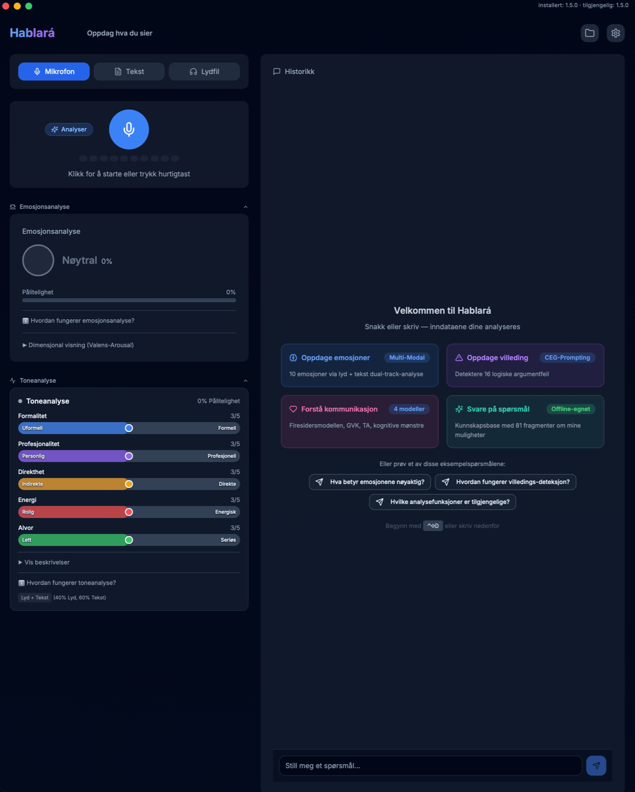 Skjermbilde av Hablará-appen – Følelsesanalyse og AI-kommunikasjonsanalyse
