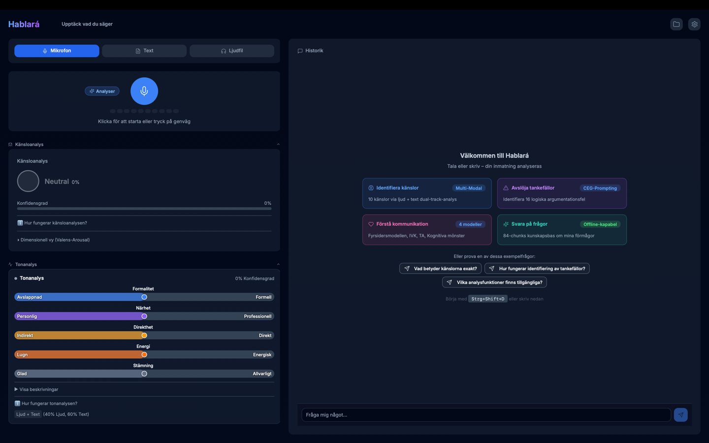 Skärmbild av Hablará-appen – Känsloanalys och IA-kommunikationsanalys
