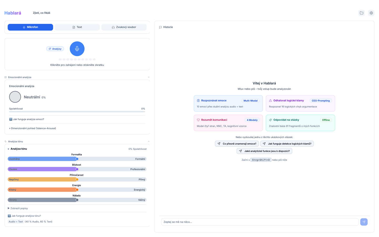 Snímek obrazovky aplikace Hablará – Analýza emocí a IA analýza komunikace