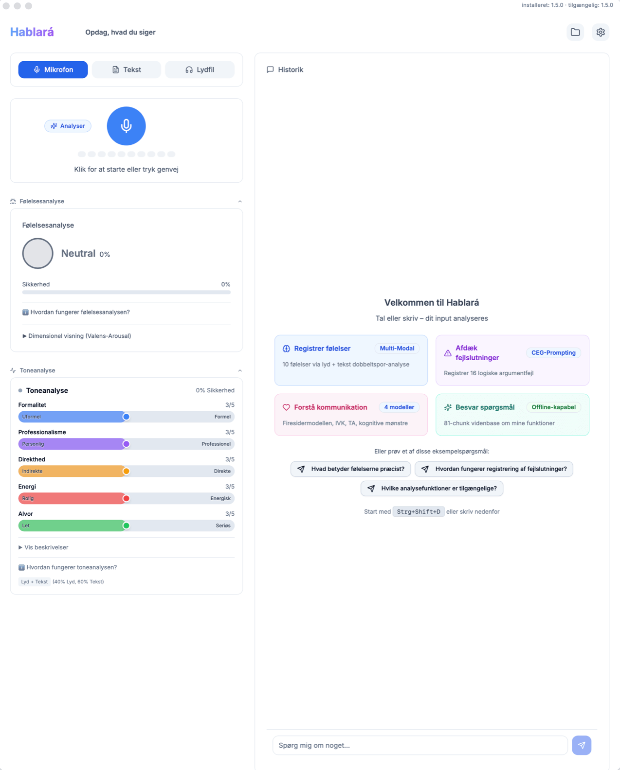 Skærmbillede af Hablará-appen – Følelsesanalyse og IA-kommunikationsanalyse