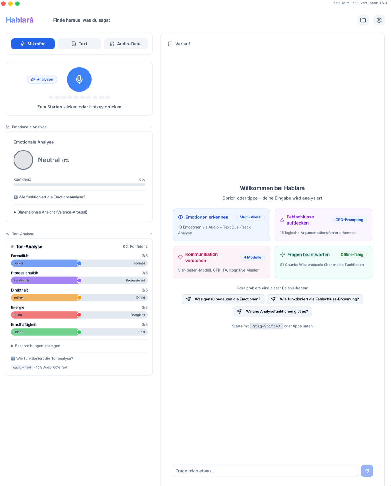 Hablará Desktop-App Screenshot - Emotionsanalyse und KI-gestützte Kommunikationsanalyse