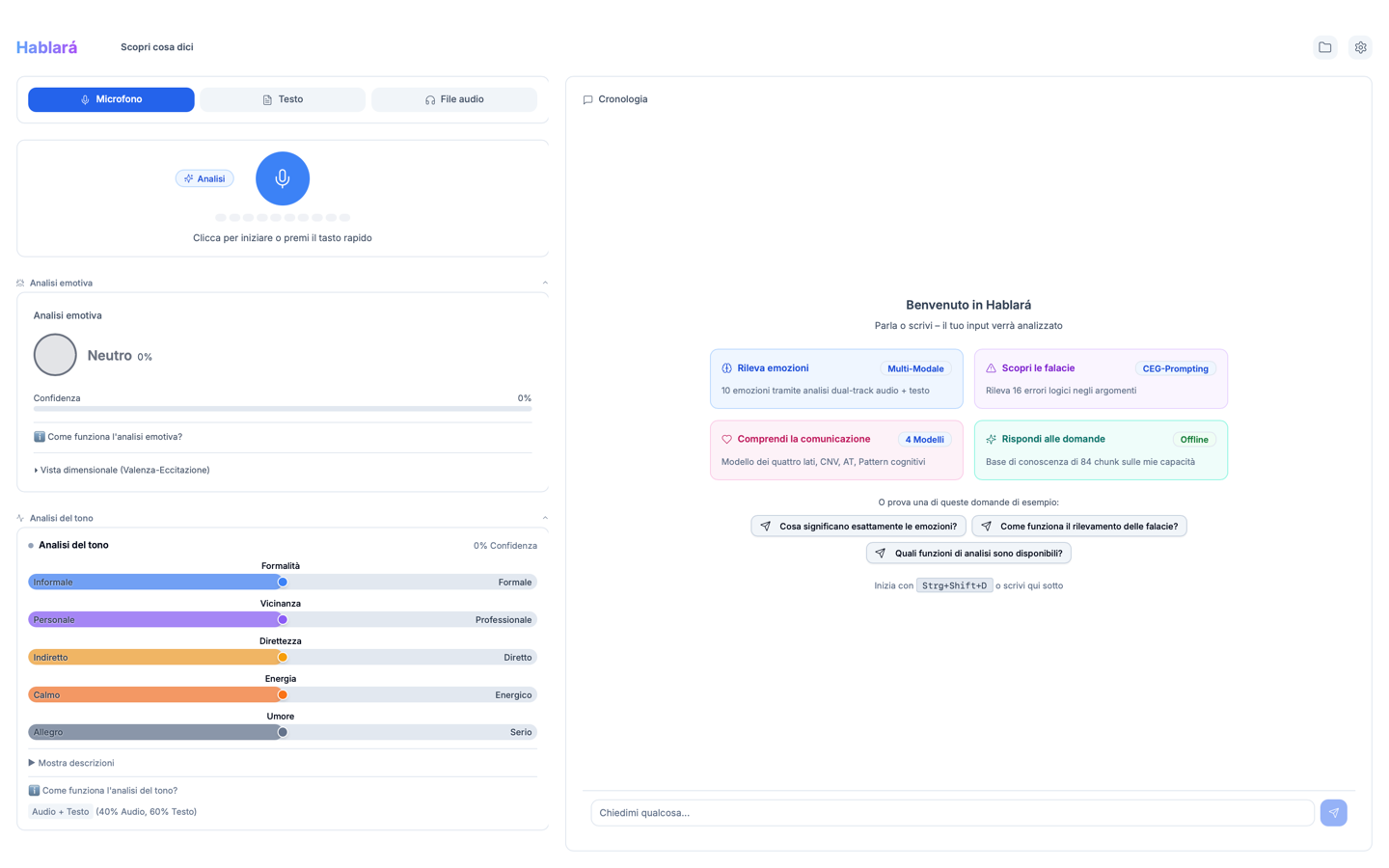 Screenshot dell'app Hablará - Analisi delle Emozioni e Analisi della Comunicazione con IA