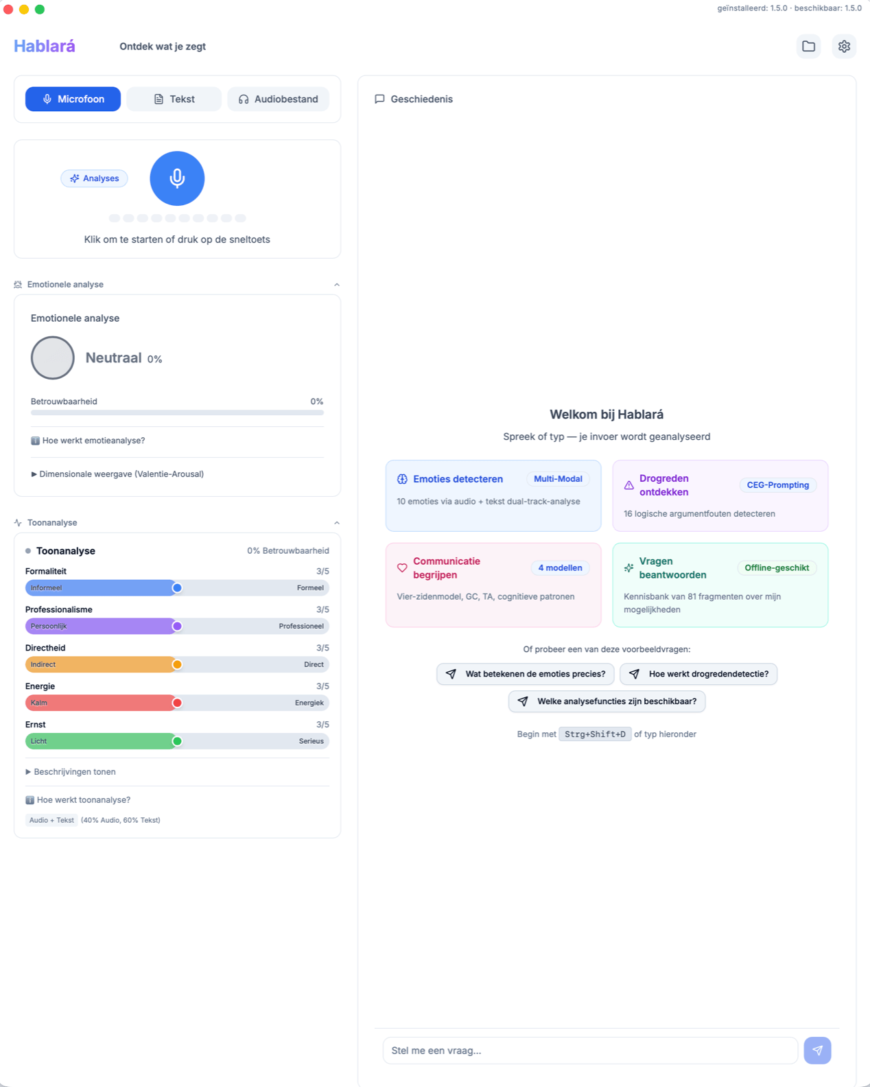 Screenshot van de Hablará-app – Emotieanalyse en IA-communicatieanalyse