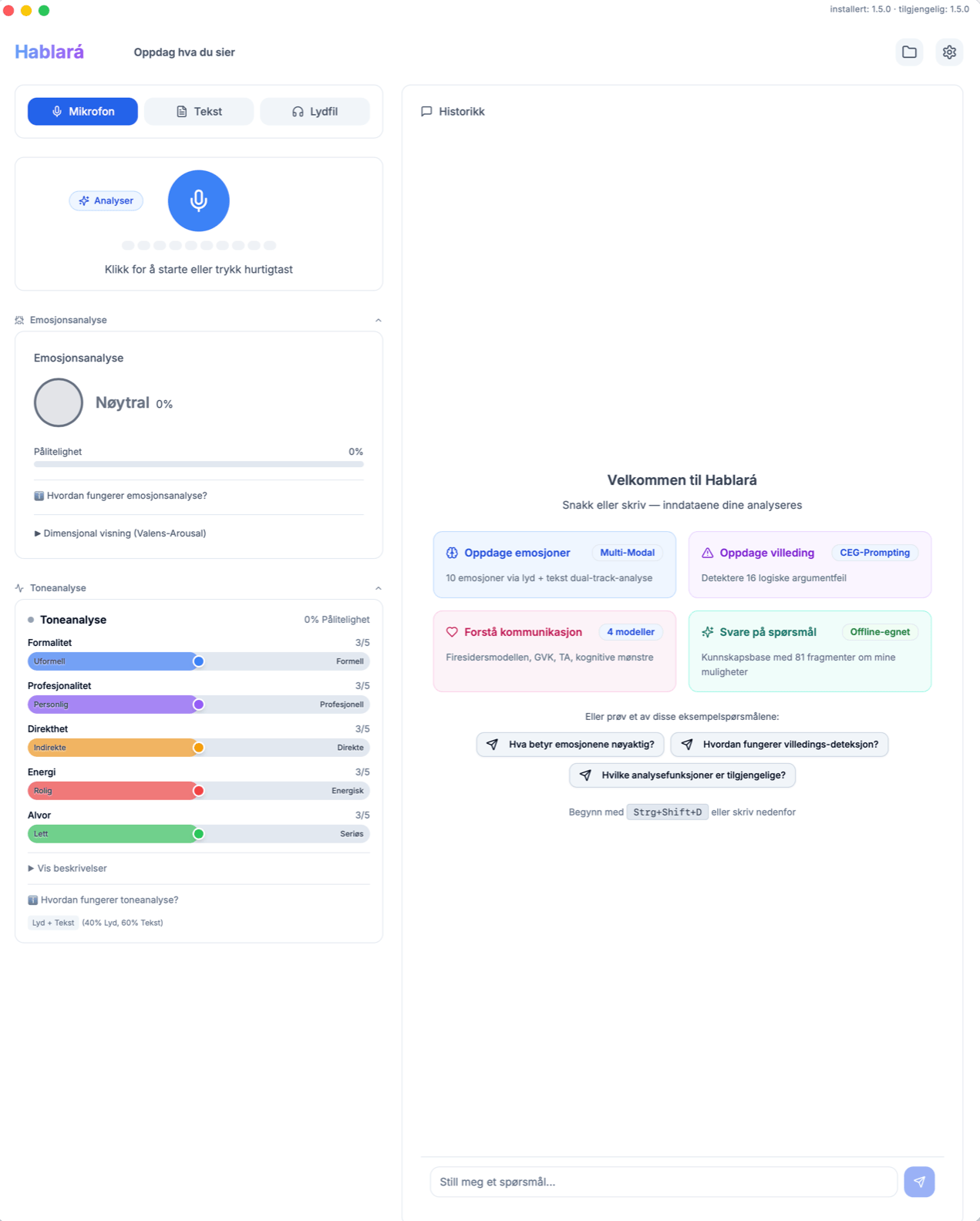 Skjermbilde av Hablará-appen – Følelsesanalyse og AI-kommunikasjonsanalyse