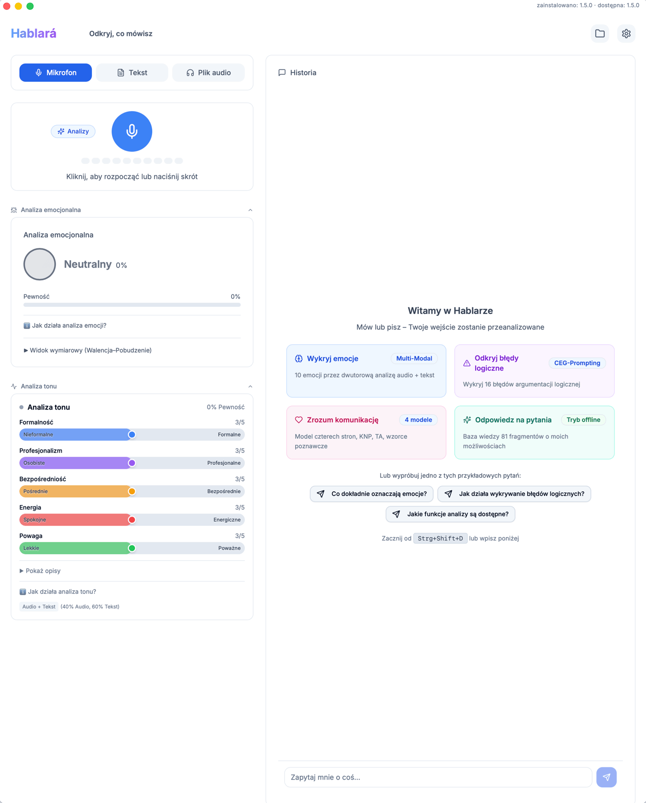 Zrzut ekranu aplikacji Hablará – Analiza Emocji i Analiza Komunikacji z IA